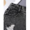 imageGirls Ripped Raw Hem Straight Leg Jean Shorts Elastic Waist Zipper Fly Denim ShortsLight Black