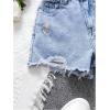 imageGirls Ripped Raw Hem Straight Leg Jean Shorts Elastic Waist Zipper Fly Denim ShortsLight Blue