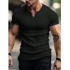 imageMens Ribbed Knit Notched V Neck Tees Casual Short Sleeve T Shirt Summer Basic TopsBlack