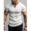 imageMens Ribbed Knit Notched V Neck Tees Casual Short Sleeve T Shirt Summer Basic TopsWhite