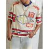 imageMens Y2K Mesh Jersey Shirts V Neck Half Sleeve Number Graphic Tees Color Block Sport T ShirtBeige