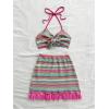 imageWomens 2 Piece Boho Vacation Summer Outfits Clothing Set Striped Backless Halter Tops and Fringe Short Skirt SetsMulticolor
