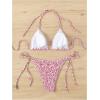 imageWomens 2 Piece Floral Bikini Sets Smocked Halter Triangle Bikini Drawstring Tie Side Sexy Cute SwimsuitsBright Pink