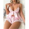 imageWomens 2 Piece Lingerie Set Floral Lace Tie Back Satin Bow Front Lingerie Pajama Set SleepwearPink