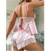 imageWomens 2 Piece Lingerie Set Floral Lace Tie Back Satin Bow Front Lingerie Pajama Set SleepwearPink