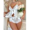 imageWomens 2 Piece Lingerie Set Floral Lace Tie Back Satin Bow Front Lingerie Pajama Set SleepwearWhite