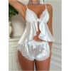 imageWomens 2 Piece Lingerie Set Floral Lace Tie Back Satin Bow Front Lingerie Pajama Set SleepwearWhite