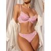 imageWomens 2 Piece Lingerie Set Floral Mesh Push Up Lace Bralette Babydoll Lingerie Bra and Panty SetsPink