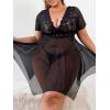 imageWomens 2 Piece Lingerie Set Plus Size Lace Sheer Mesh Bralettes Black Sleep Dress with Thongs SetBlack