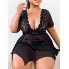 imageWomens 2 Piece Lingerie Set Plus Size Lace Sheer Mesh Bralettes Black Sleep Dress with Thongs SetBlack