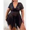 imageWomens 2 Piece Lingerie Set Plus Size Lace Sheer Mesh Bralettes Black Sleep Dress with Thongs SetBlack