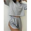 imageWomens 2 Piece Pajama Set Stripe Short Sleeve Crewneck Crop Lounge Shorts Set Soft SleepwearBlack
