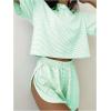 imageWomens 2 Piece Pajama Set Stripe Short Sleeve Crewneck Crop Lounge Shorts Set Soft SleepwearGreen