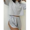 imageWomens 2 Piece Pajama Set Stripe Short Sleeve Crewneck Crop Lounge Shorts Set Soft SleepwearGrey