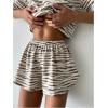 imageWomens 2 Piece Pajama Set Stripe Short Sleeve Crewneck Crop Lounge Shorts Set Soft SleepwearMocha Brown White