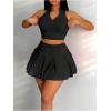 imageWomens 2 Piece Tennis Skirt Set Sleeveless Racerback Crop Tank Tops High Waisted Pleated Mini Skirt OutfitsBlack