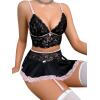 imageWomens 3 Piece Lingerie Set Floral Lace Bow Garter Babydoll Lingerie Skirt SetBlack