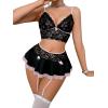 imageWomens 3 Piece Lingerie Set Floral Lace Bow Garter Babydoll Lingerie Skirt SetBlack