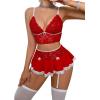 imageWomens 3 Piece Lingerie Set Floral Lace Bow Garter Babydoll Lingerie Skirt SetRed