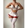 imageWomens 3 Piece Lingerie Set Floral Lace Bow Garter Babydoll Lingerie Skirt SetRed and White