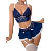 imageWomens 3 Piece Lingerie Set Floral Lace Bow Garter Babydoll Lingerie Skirt SetRoyal Blue