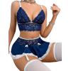 imageWomens 3 Piece Lingerie Set Floral Lace Bow Garter Babydoll Lingerie Skirt SetRoyal Blue