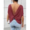 imageWomens Backless Twist Knot T Shirt Oversized Solid Short Sleeve Tees Open Back Asymmetrical Hem Casual TopsBurgundy