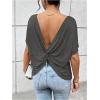 imageWomens Backless Twist Knot T Shirt Oversized Solid Short Sleeve Tees Open Back Asymmetrical Hem Casual TopsDark Grey