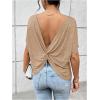 imageWomens Backless Twist Knot T Shirt Oversized Solid Short Sleeve Tees Open Back Asymmetrical Hem Casual TopsKhaki