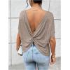 imageWomens Backless Twist Knot T Shirt Oversized Solid Short Sleeve Tees Open Back Asymmetrical Hem Casual TopsMocha Brown