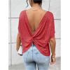 imageWomens Backless Twist Knot T Shirt Oversized Solid Short Sleeve Tees Open Back Asymmetrical Hem Casual TopsRed