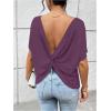 imageWomens Backless Twist Knot T Shirt Oversized Solid Short Sleeve Tees Open Back Asymmetrical Hem Casual TopsViolet Purple