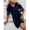 imageWomens Cold Shoulder Half Sleeve Mini Dress Summer V Neck Sheer Mesh Short DressBlue