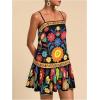 imageWomens Floral Boho Flowy Mini Cami Dress Ruffle Hem Spaghetti Strap Vacation Tank DressesBlack