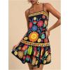imageWomens Floral Boho Flowy Mini Cami Dress Ruffle Hem Spaghetti Strap Vacation Tank DressesBlack