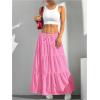 imageWomens Flowy Flared Ruffle Hem A Line Maxi Skirts Elastic Waist Elegant Tiered Layer Boho Long SkirtsSolid Pink