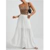 imageWomens Flowy Flared Ruffle Hem A Line Maxi Skirts Elastic Waist Elegant Tiered Layer Boho Long SkirtsWhite Plain