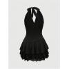 imageWomens Halter Cowgirl Vintage Mini Dress Embroidery Tie Back Sleeveless Ruched Tiered Layer A Line DressesBlack