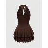 imageWomens Halter Cowgirl Vintage Mini Dress Embroidery Tie Back Sleeveless Ruched Tiered Layer A Line DressesBrown