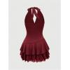 imageWomens Halter Cowgirl Vintage Mini Dress Embroidery Tie Back Sleeveless Ruched Tiered Layer A Line DressesBurgundy