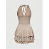 imageWomens Halter Cowgirl Vintage Mini Dress Embroidery Tie Back Sleeveless Ruched Tiered Layer A Line DressesKhaki
