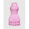 imageWomens Halter Cowgirl Vintage Mini Dress Embroidery Tie Back Sleeveless Ruched Tiered Layer A Line DressesPink