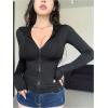 imageWomens Hooded Zip Up Workout Jacket Athletic Yoga Tops Slim Fit Long Sleeve Lightweight T ShirtsBlack