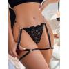 imageWomens Lace Trim Sheer Low Rise Thongs Shiny Ring Linked V Strings Panties Underwear with Garter BeltBlack