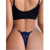 imageWomens Lace Trim Sheer Low Rise Thongs Shiny Ring Linked V Strings Panties Underwear with Garter BeltDark Blue