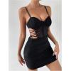 imageWomens Lace Up Cut Out Sheer Bodycon Dress Spaghetti Strap Ruched Bustier Pencil Mini DressesBlack