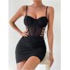 imageWomens Lace Up Cut Out Sheer Bodycon Dress Spaghetti Strap Ruched Bustier Pencil Mini DressesBlack
