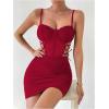 imageWomens Lace Up Cut Out Sheer Bodycon Dress Spaghetti Strap Ruched Bustier Pencil Mini DressesBurgundy