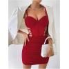 imageWomens Lace Up Cut Out Sheer Bodycon Dress Spaghetti Strap Ruched Bustier Pencil Mini DressesBurgundy