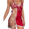 imageWomens Mesh Floral Embroidery Lace Trim Sheer Chemise Sleep Dresses Babydoll Nightgown Satin Slip DressBurgundy
